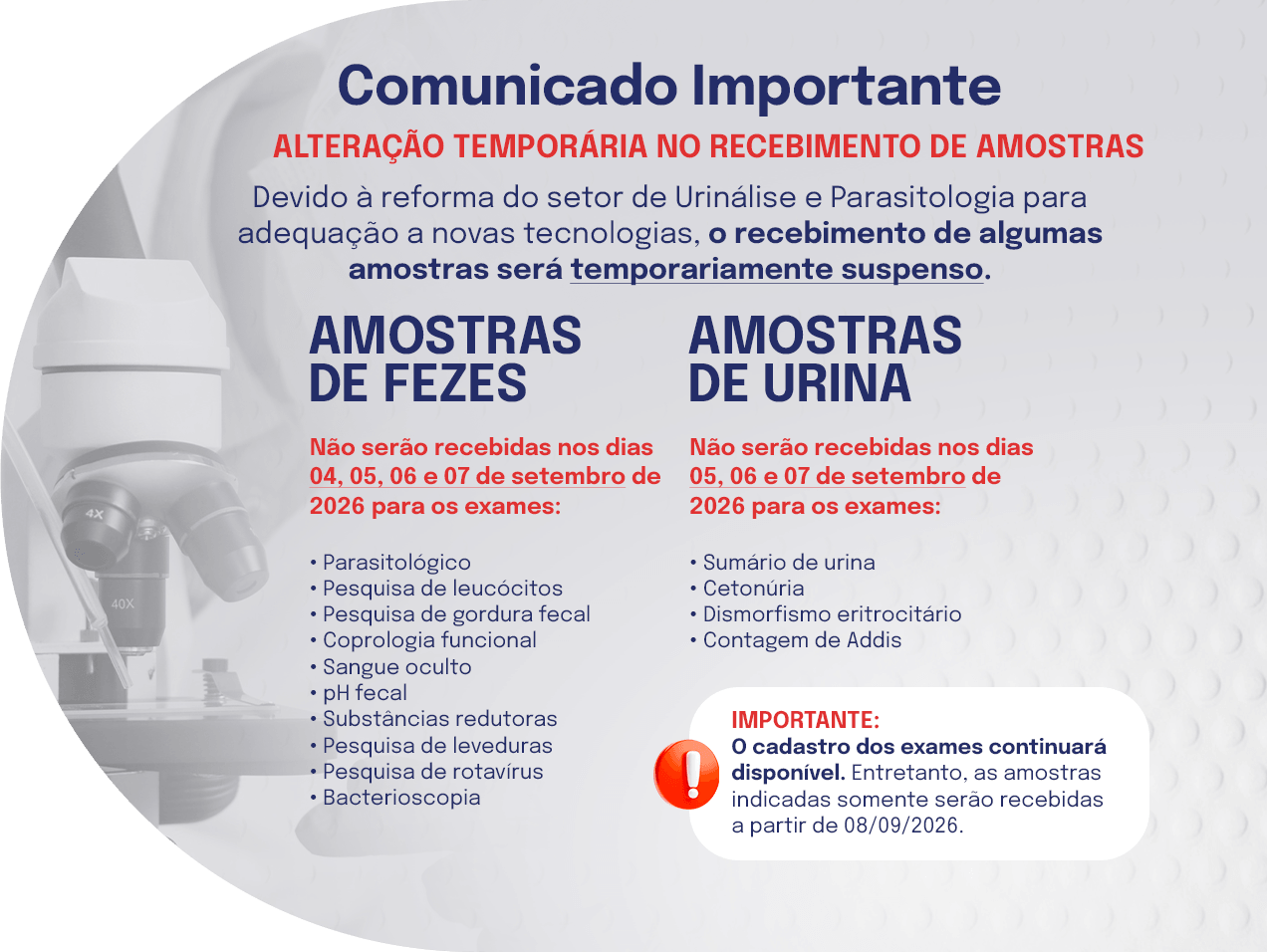 Banner anunciando suspensão temporária do recebimento de amostras de fezes e urina entre 4 e 7 de setembro de 2026